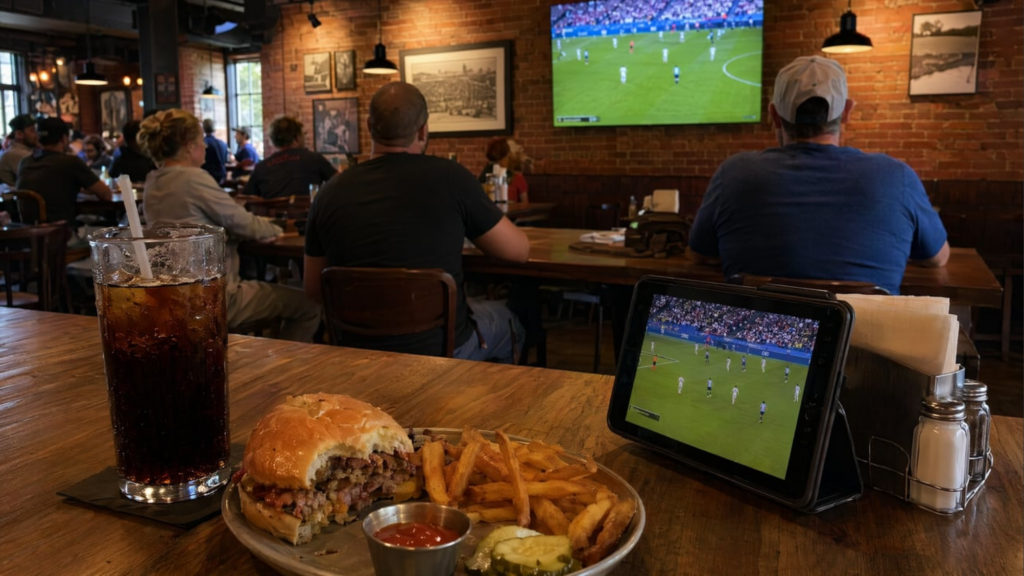 Sports pub at lunchtime with a soccer match on the wall TV, burger and fries on the table