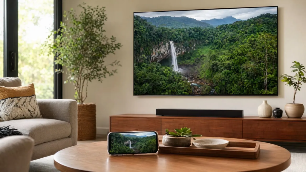 एक आरामदायक लिविंग रूम में बड़ी OLED स्क्रीन पर प्रकृति वृत्तचित्र दिखाते हुए LG टीवी पर iPhone को मिरर करना