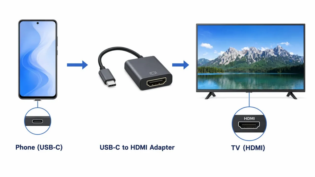 टीवी पर मोबाइल गेम्स को लगभग शून्य विलंबता के साथ चलाने के लिए USB-C से HDMI एडाप्टर सेटअप